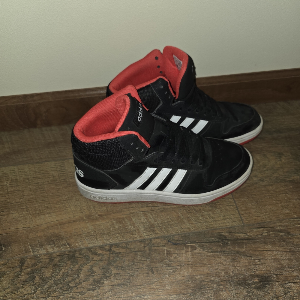 Adidas Black and Red High-Tops with White Stripes